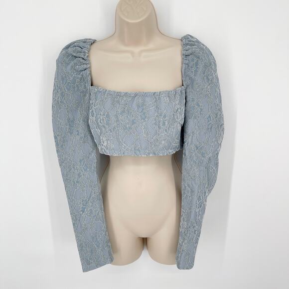 Naked Wardrobe Crop Top NEW Womens Sz S Style NWSP20-T3 Lt Blue Lace Long Sleeve - Picture 1 of 9